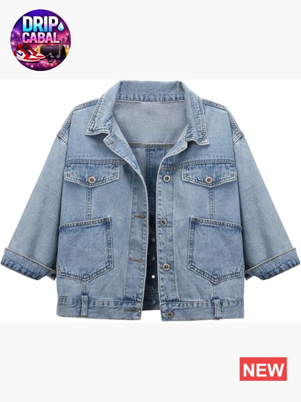 Women 3/4 Sleeve Retro Denim Jacket Button Front Distressed Jean Coat